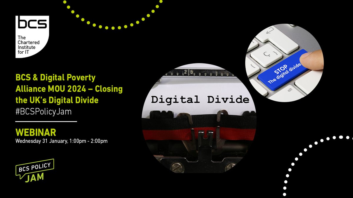 What can be done to tackle #digitalpoverty? 
Join us for a special edition of Policy Jam at 1pm on January 31st with the Digital Poverty Alliance’s CEO, Elizabeth Anderson and Chair of @BcsDigDivide group, Freddie Quek. 

Sign up here: hubs.ly/Q02gs1rt0

#BCSPolicyJam