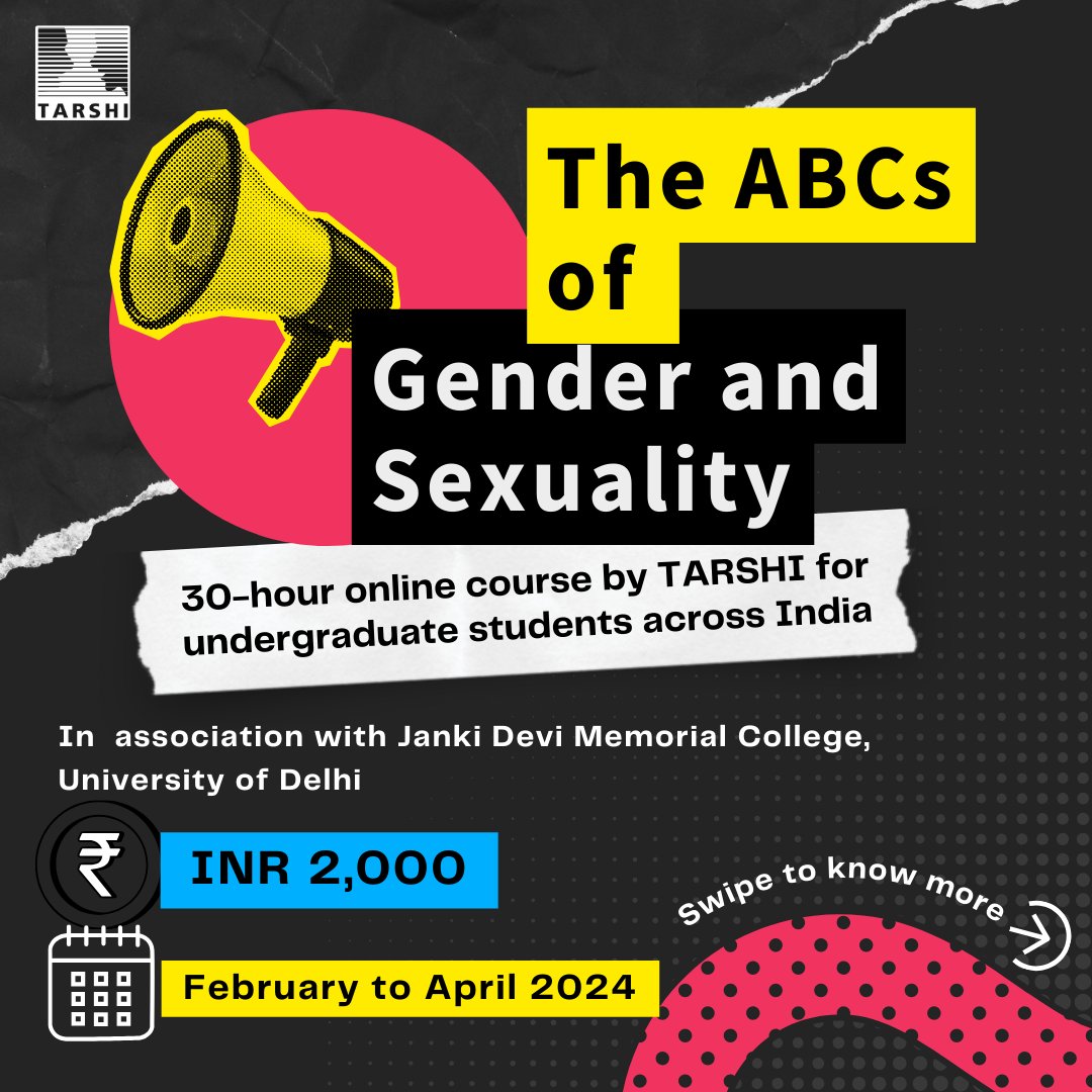 tarshingo's tweet image. TARSHI, in association with JDMC College, is announcing an add-on course for undergraduate students across India. The add-on course will be a 30-hour workshop between February - April and will be conducted online.
#ABCsofGenderandSexuality #opportunities #electivecourse #SRHR