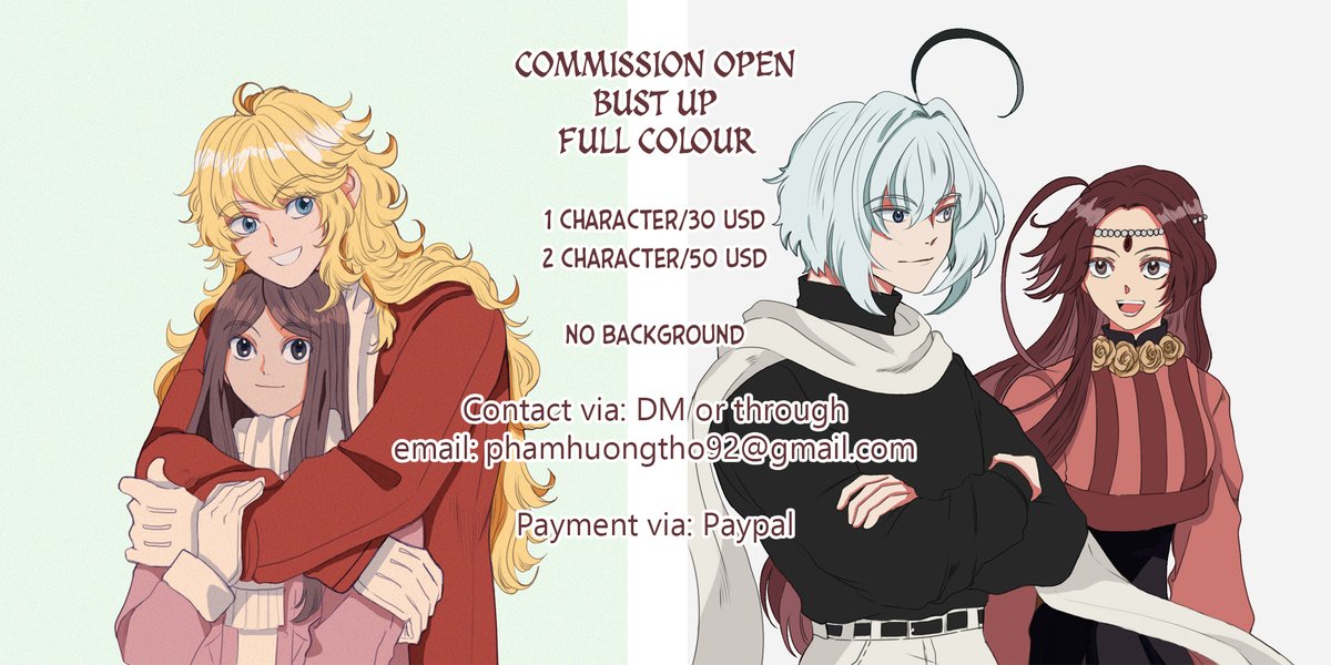 I open new commission with new prices. Please check out!! Deadline: within 1 month. 

Thank you for all the support 🥰!!! 