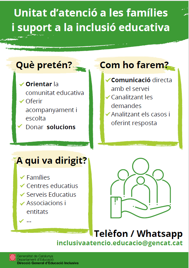 Des de la Direcció General d’Educació Inclusiva de la <a href="/gencat/">Generalitat de Catalunya</a>  s’ha creat la Unitat d’Atenció a les Famílies i Suport a la Inclusió Educativa, una via d’acompanyament
☎️WS: 677 28 17 58
📫inclusivaatencio.educacio@gencat.cat

#inclusio #societatinclusiva