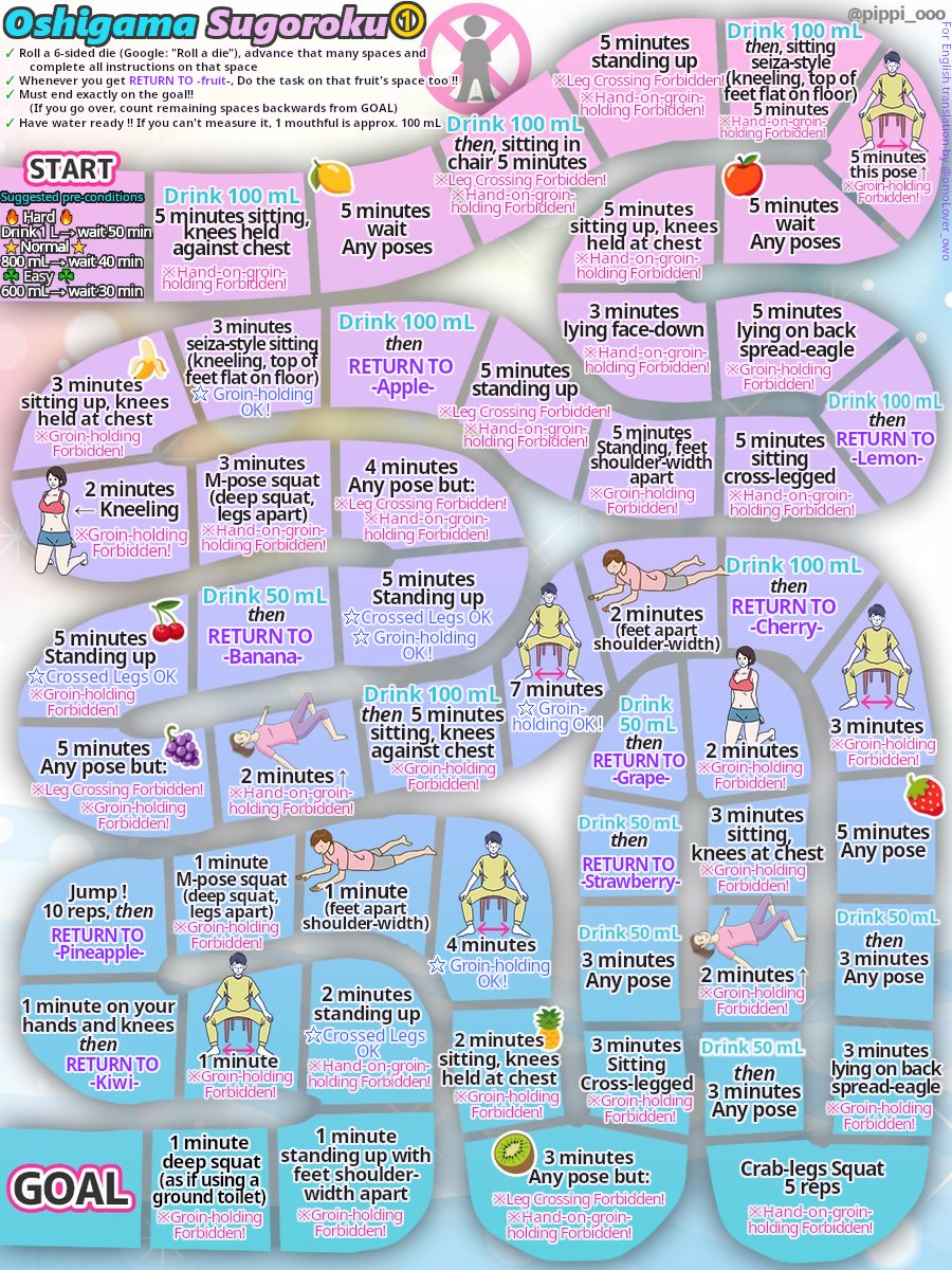 Pee holding board game! now in English!! 
My goal was to make an easy to understand translation, even if you've never played a similar game by <a href="/pippi_ooo/">ぴっぴさん🐡🎲</a> 

Please RT and leave all questions in the comments below!