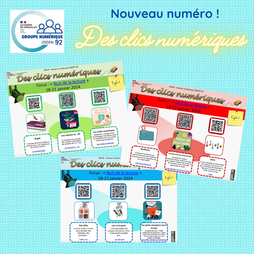 MercierRichard5's tweet image. À l’occasion des Nuits de la lecture 2024, découvrez une sélection de ressources numériques, trois par cycle, choisies par les #ERUN du groupe @Numerique92 : podcast, liseuse, application… il y en a pour tous les goûts 😊

pedagogie92.ac-versailles.fr/wp-content/upl…