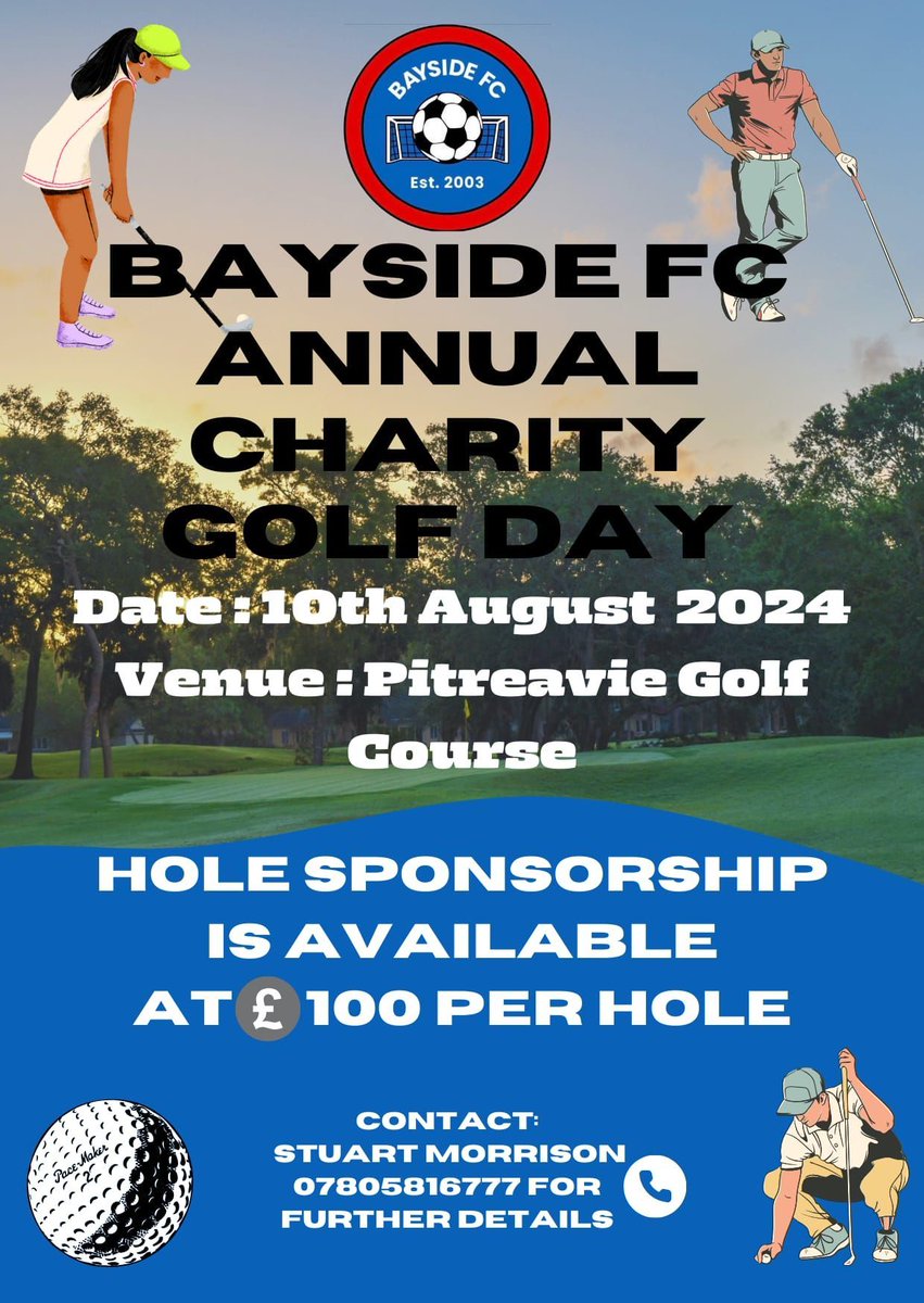 Sponsorship can now be taken out for our Annual Charity Golf Day on 10th August.

Each hole is now available for sponsorship by local companies or individuals for £100.

Contact Club Chairman Stuart  Morrison on 07805 816 777 for further details.