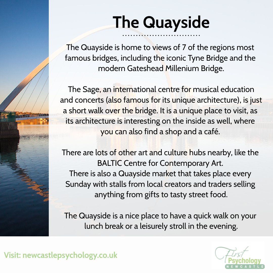 firstpsychology's tweet image. If you’re looking for an easy-to-reach thinking spot, or a place you can go to find headspace on your lunch break, then look no further than The Quayside. 
Need a bit more support finding headspace? Get in touch: newcastlepsychology.co.uk
#headspace #thinkingspot #mentalhealth