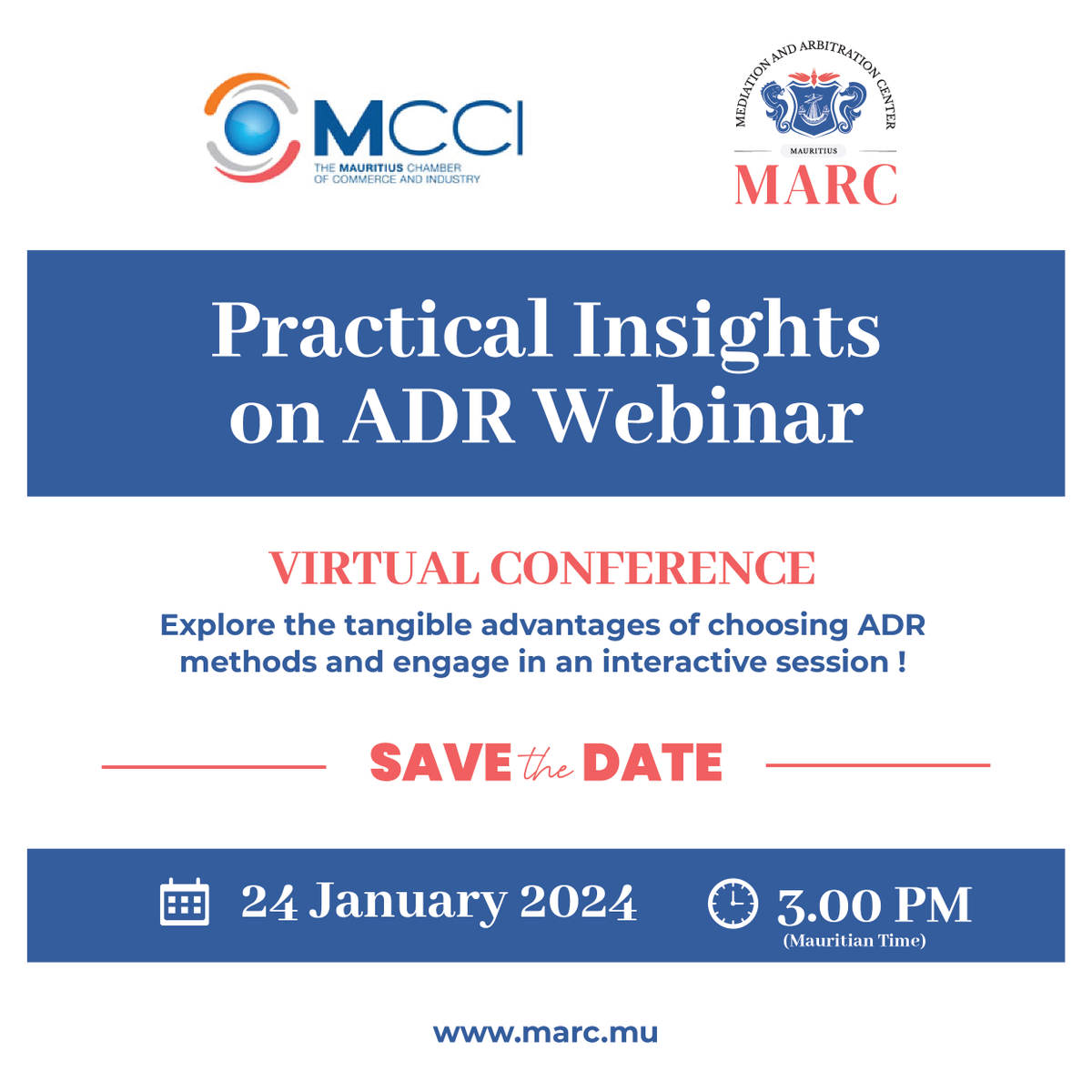 #SavetheDate! Join our member, #MCCI in collaboration w/ #MARC for a 🔥webinar on #AlternativeDisputeResolution. Engage in discussions on efficiency, flexibility, confidentiality, expertise & more! 🗓️Jan 24, 2024, 13:00 CAT | 14:00 EAT 📩RSVP info@comesabusinesscouncil.org #ADR