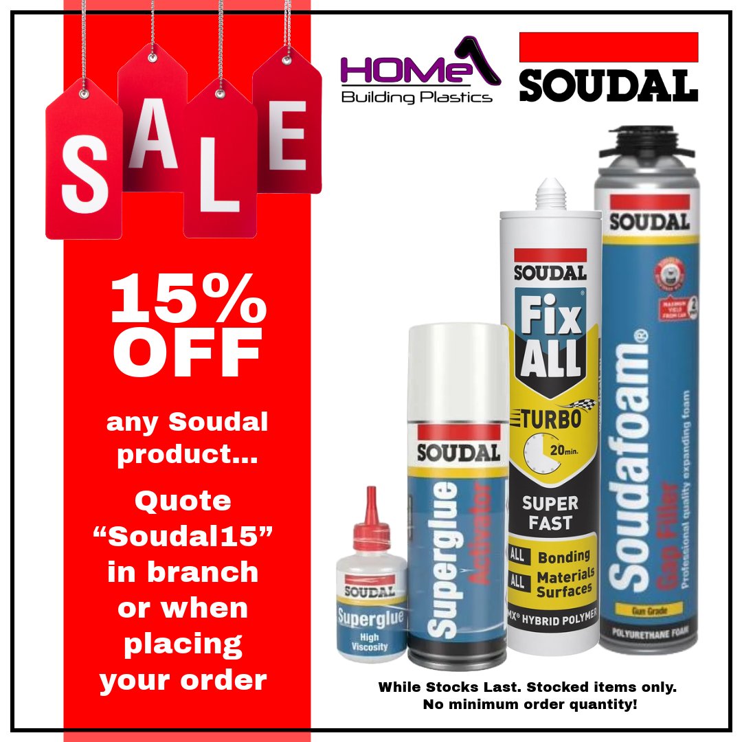 Offer of 15% off any @Soudal product. All you have to do is quote 'Soudal 15' in branch or when placing your order.

#soudal #soudaloffer #soudal15offer #anysoudalproduct #150ff #buildingproducts #promo #moneyoff #allwaysgood #buildingmaterials #building #buildingmaterialsupplier