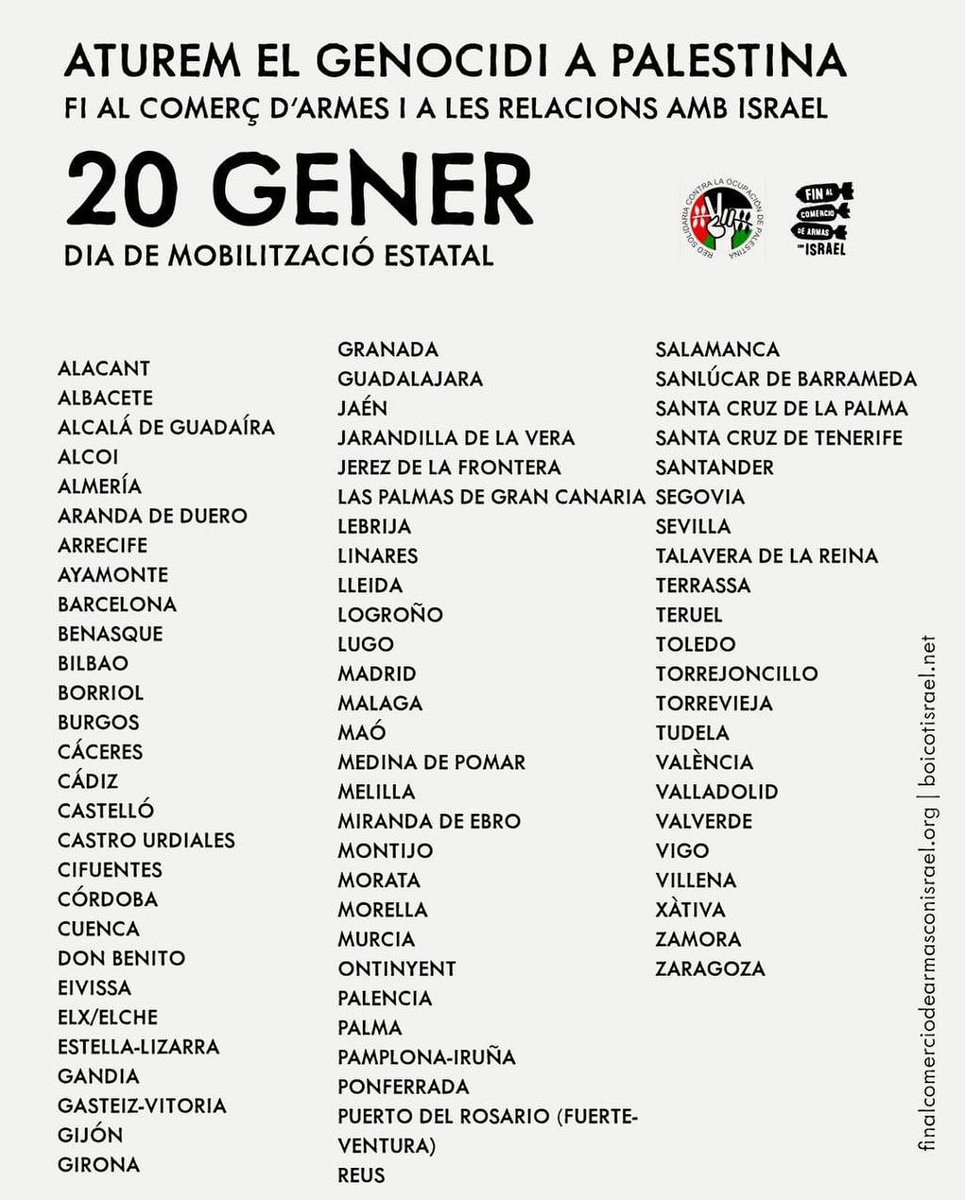 🇵🇸 Este dissabte els carrers han de ser un clam contra el genocidi i en defensa del poble palestí.

T’esperem en esta multitudinària manifestació al llarg de l’estat.

Tota la informació de les diferents concentracions: <a href="/BDSPaisValencia/">🇵🇸 #BDS País Valencià</a>