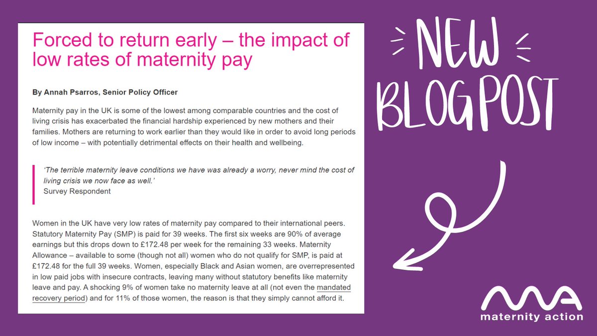 Mothers on #MaternityLeave are returning to work earlier to avoid long periods of low income – with potentially detrimental effects on their health & wellbeing. Read our blog: maternityaction.org.uk/2024/01/forced… #AllMothers #MaternityPay