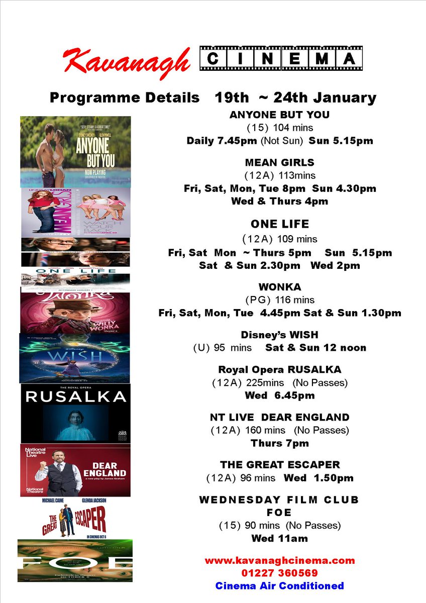 KavanaghCinema's tweet photo. Our packed programme from Friday 19th January
All Seats £4 Monday with a Bay, Whit, Canterbury Residents &amp; Active Life Card. (1 ticket per card) Meerkat Movies Tuesday &amp; Wednesday. #buyinthebayhb #WonkaMovie #WISH #AnyoneButYou #MeanGirls 
#ntlive #roh #onelife #FOE https://t.co/A0RCEkd8iu