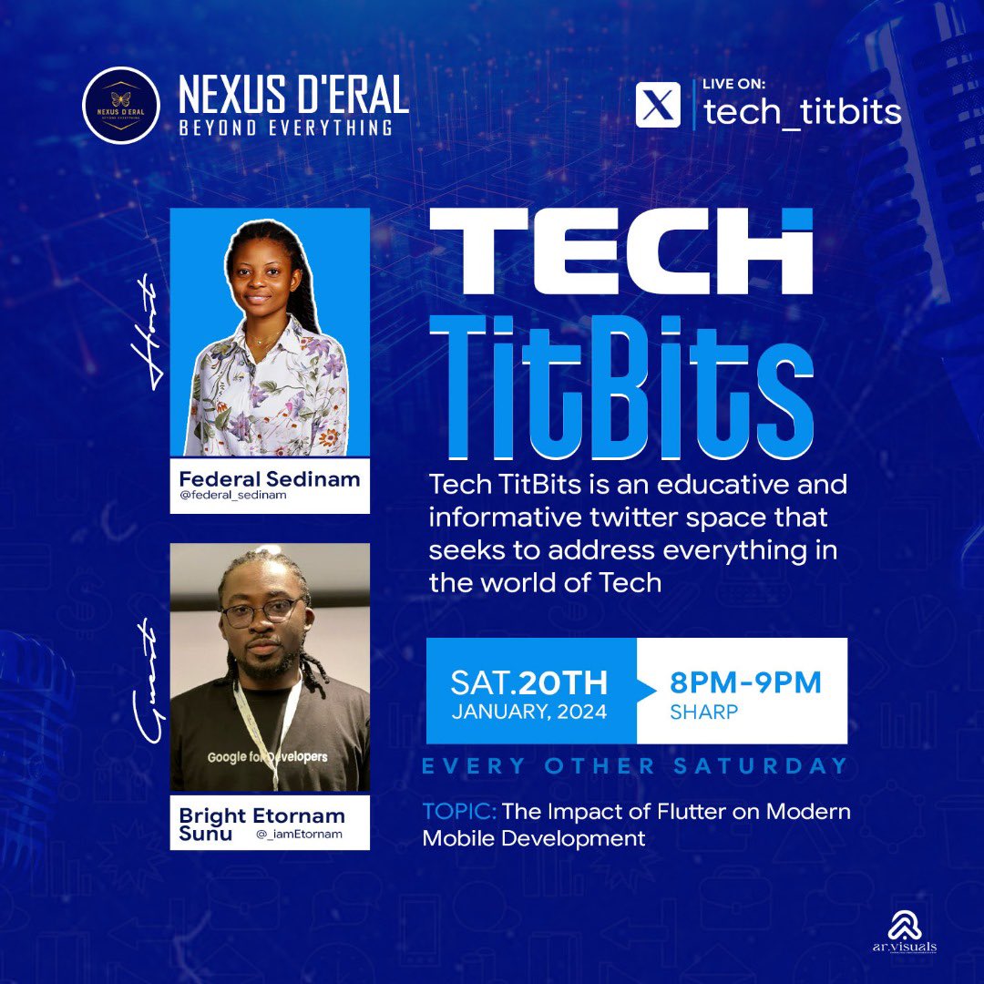 tech_titbits's tweet image. Hello techies👩💻,
It's another episode of #techtitbits this Saturday.
@_iamEtornam will enlighten us on the current state of flutter and also share with us how his tech journey began.
Set your reminders and make a date with us this Saturday at 8 PM🔥.