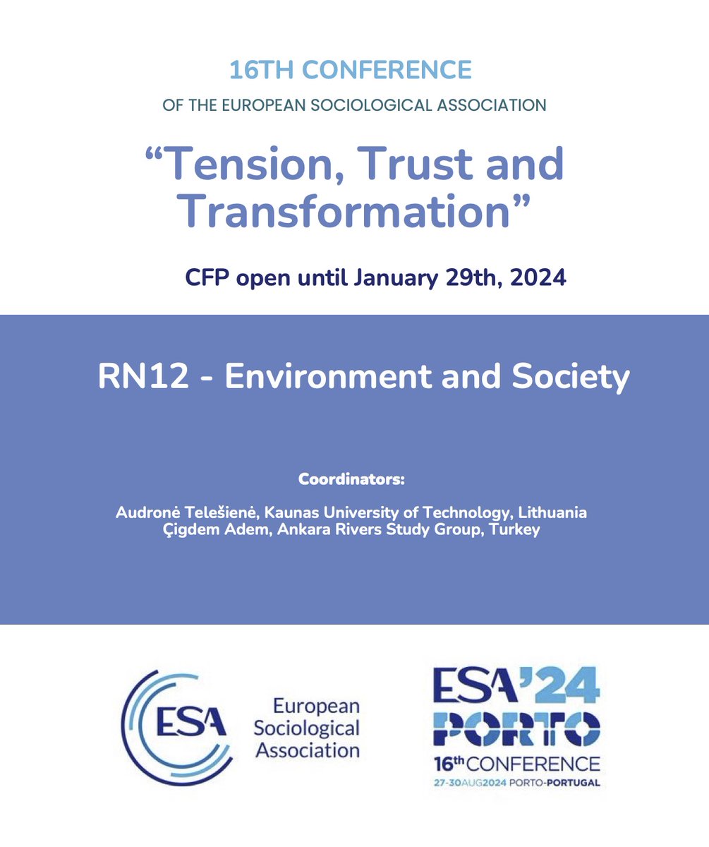 ESA_Sociology's tweet photo. Join ESA's Research Networks at the 16th European Sociological Association Conference!

Know more about @ESA_RN12 - Environment &amp; Society CFP at https://t.co/hVlz8qOKjl

#ESA2024 #ESAPorto24 https://t.co/NJLyDJpFc6