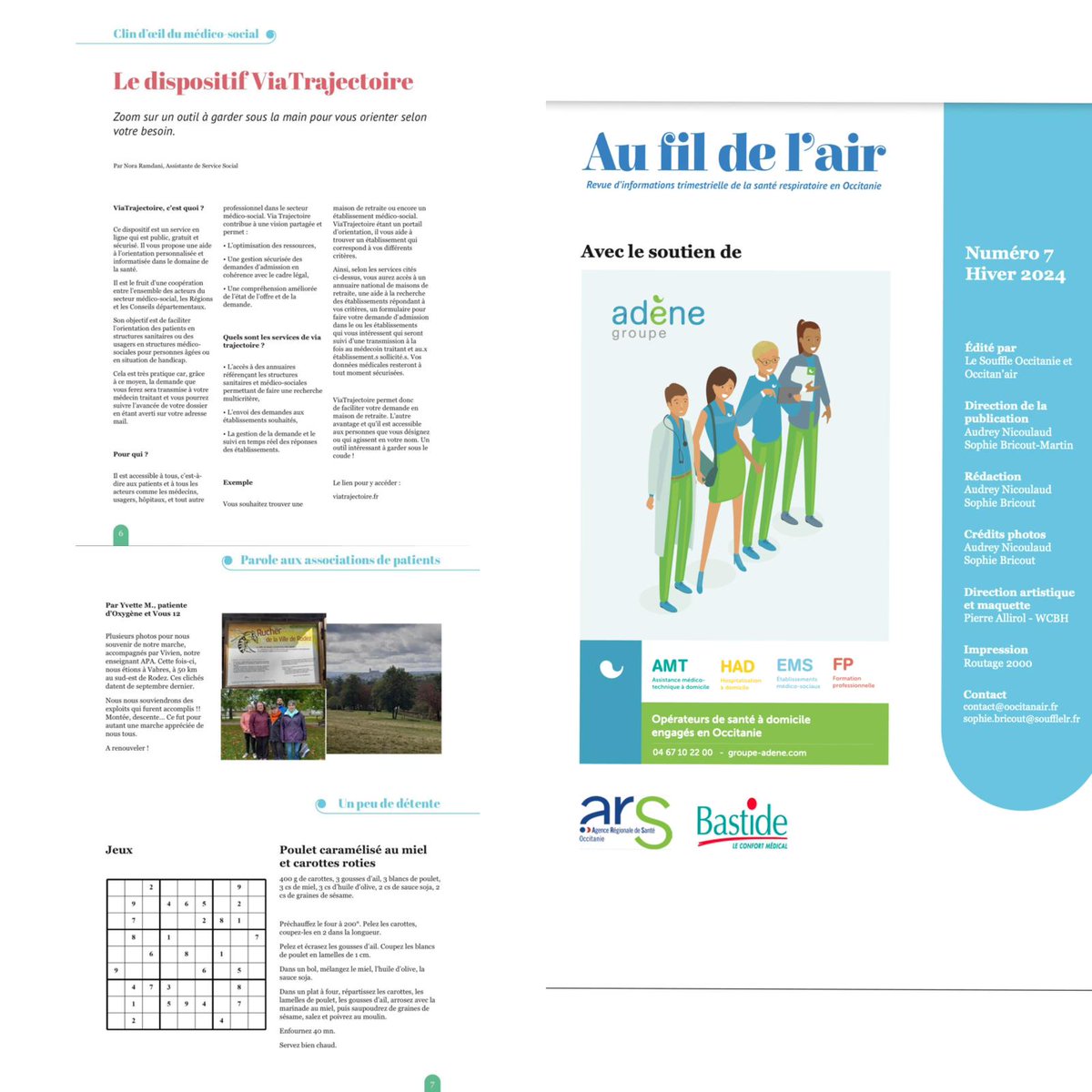 Le numéro 7 de notre revue « Au fil de l'air » de l'hiver 2024 est sortie.
Ce trimestre nous abordons :
La maladie chronique respiratoire et les mécanismes psychologiques
Les actualités d'Occitanair et du Souffle Occitanie
Un clin d'œil sur le dispositif ViaTrajectoire #souffle