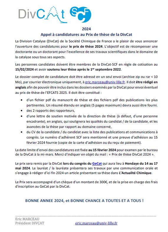 RJ-SCF (@rj_scf) on Twitter photo 🔬 Le prix de thèse de la <a href="/DivcatScf/">DivCat_SCF</a> revient en 2024 !
Si vous êtes membre de la SCF, vous pouvez tenter de gagner 300€, une inscription au GeCat et la chance de publier dans l'Actualité Chimique.
Deadline : 15/02/24 ⏰
retrouver toutes les informations ici 👇
@reseauSCF 🔬 Le prix de thèse de la <a href="/DivcatScf/">DivCat_SCF</a> revient en 2024 !
Si vous êtes membre de la SCF, vous pouvez tenter de gagner 300€, une inscription au GeCat et la chance de publier dans l'Actualité Chimique.
Deadline : 15/02/24 ⏰
retrouver toutes les informations ici 👇
@reseauSCF