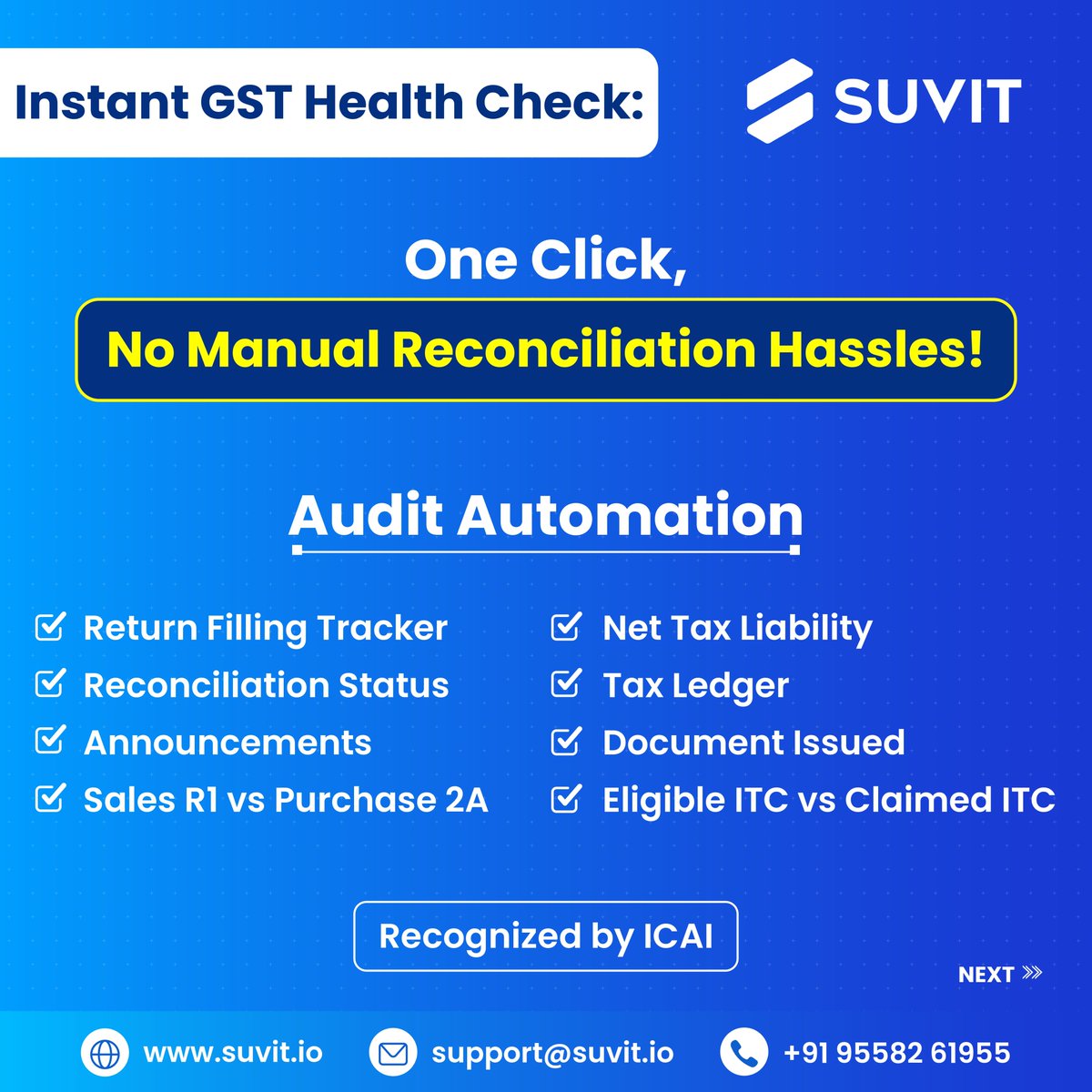 Vyapar_Taxone's tweet photo. Level up your GST Auditing with #Suvit! 🚀
Quickly check your client's GST Health report, sync #Tally data in #GSTPortal with #AuditingAutomation.
🔎Monitor #GSTReturns status while automating #GSTReconciliation.
Check reconciliation status and stay ahead in #GSTFiling!✅ https://t.co/S2EkgKDm6z