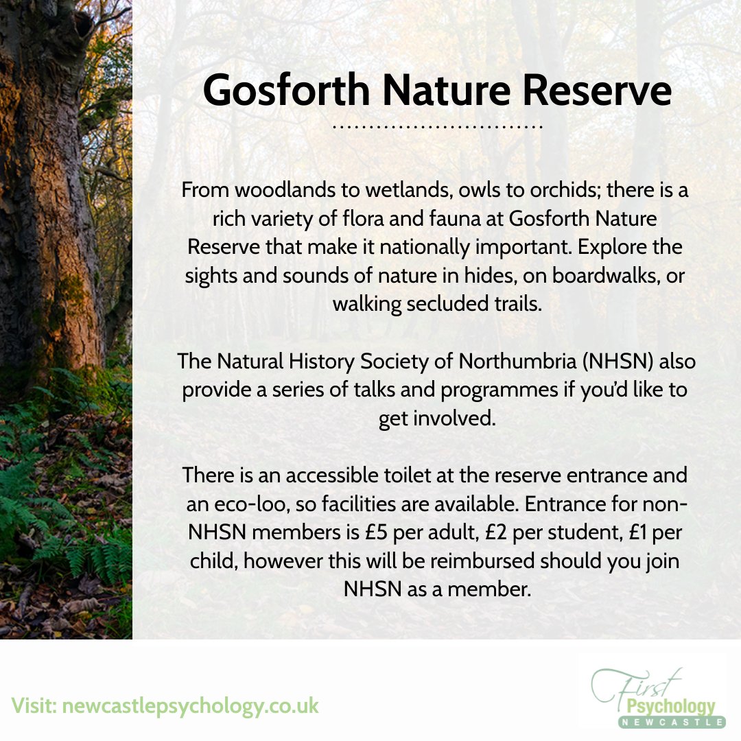 firstpsychology's tweet image. In Gosforth Nature Reserve you can explore the trails, watch wildlife in one of the hides, or just enjoy being outdoors.
Need a bit more support finding headspace? Get in touch: newcastlepsychology.co.uk
#headspace #thinkingspot #ExploreNewcastle #mentalhealth