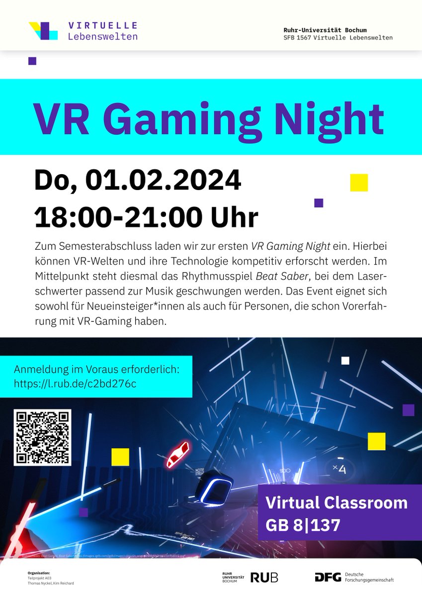 #SavetheDate Erste VR Gaming Night im #SFB1567 am 1.02.2024. Im Mittelpunkt steht das Rhythmusspiel Beat Saber, bei dem Laserschwerter passend zur Musik geschwungen werden. Infos zur Teilnahme ➡️ virtuelle-lebenswelten.de/blog-post/vr-g…