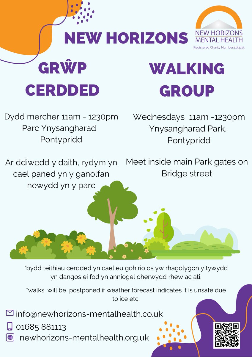 Join our walking group on Wednesday's at Ynysanghard Park we meet in front of the main park gates at 11am If you would like join our walking or just want more information call 01685 881113 or email info@newhorizons-mentalhealth.co.uk