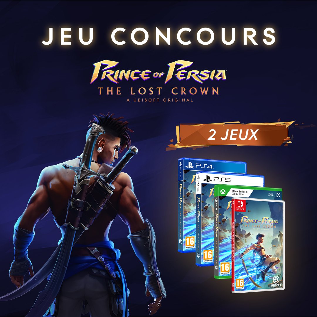 Prince of Persia: The Lost Crown est sorti ! Pour fêter ça, on vous offre 2 jeux ! 🎮⚔️ Pour tenter de gagner 🎁 : ❤️🔄 Liker + RT le tweet ✅ S'abonner à @UbisoftFR (Version physique PS4, PS5, Xbox Series ou Nintendo Switch au choix) TAS le 23/01