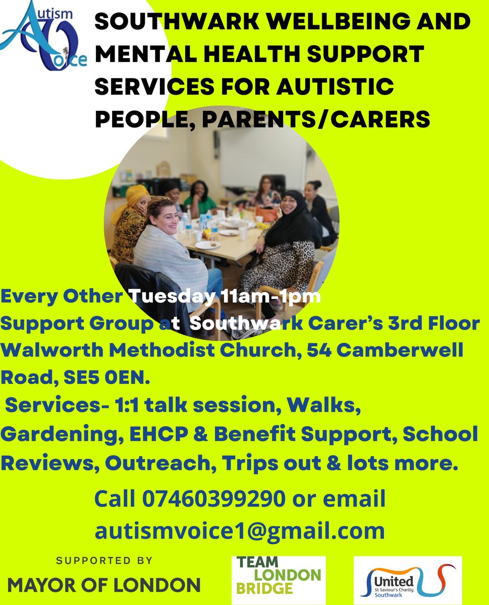 We have resumed our wellbeing support groups. Join us as we share experiences and gain valuable insights from others that help to improve our mental health and well-being. 
Lambeth- every Wednesday 
Southwark- every other Tuesday 
Croydon- every other Monday 
#AutismAcceptance