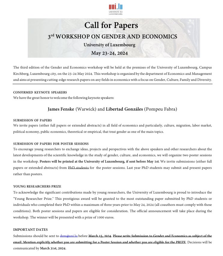 skerdi zanaj (@zanajskerdi) on Twitter photo Call for Papers: 3rd Gender and Economics Workshop at the University of Luxembourg #economics #Gender #EconTwitter #fdef <a href="/esiermin/">Dr. Eva Sierminska</a> <a href="/Anast_Litina/">Anastasia Litina</a> Call for Papers: 3rd Gender and Economics Workshop at the University of Luxembourg #economics #Gender #EconTwitter #fdef <a href="/esiermin/">Dr. Eva Sierminska</a> <a href="/Anast_Litina/">Anastasia Litina</a>