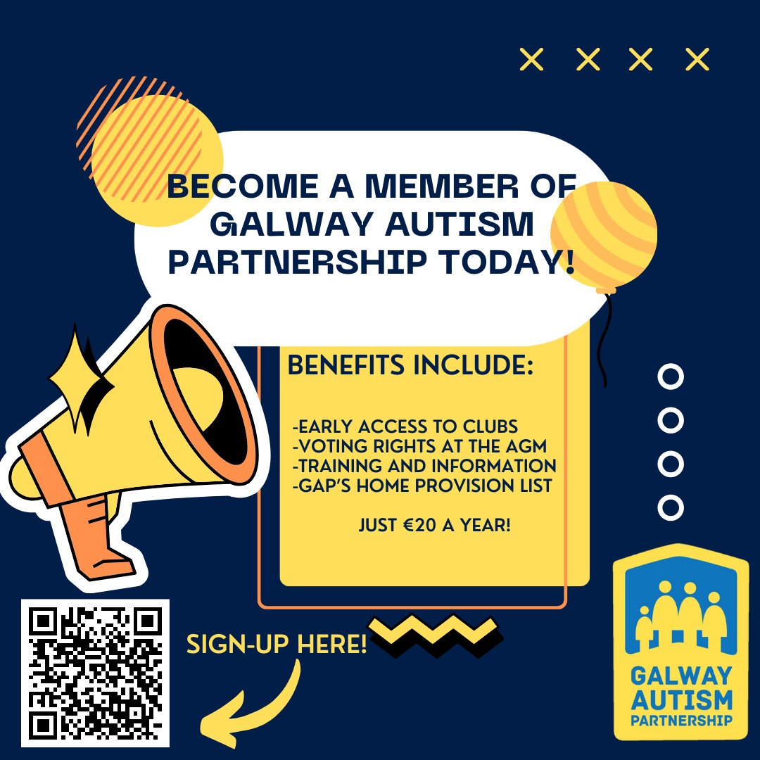 Hi everyone and happy new year! Just a reminder that for the low price of €20 a year you can become a member of the Galway Autism Partnership. Membership grants a number of benefits so please follow this link to sign-up! (or scan the QR code) galwayautismpartnership.com/product/gap-me…