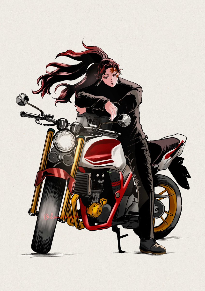 motorcycle ground vehicle motor vehicle long hair male focus pants 1boy  illustration images