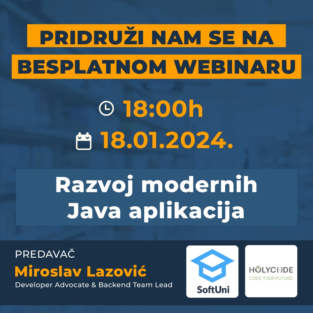 softunirs's tweet image. 🚀 Pridružite nam se večeras u 18:00h na besplatnom webinaru u saradnji sa Holycode, gde će Miroslav Lazović otkriti tajne razvoja  modernih Java aplikacija - prilika koju ne želite da propustite! 💻🌐

#JavaDevelopment #Webinar #Holycode #SoftUni
 
 @HolycodeIT