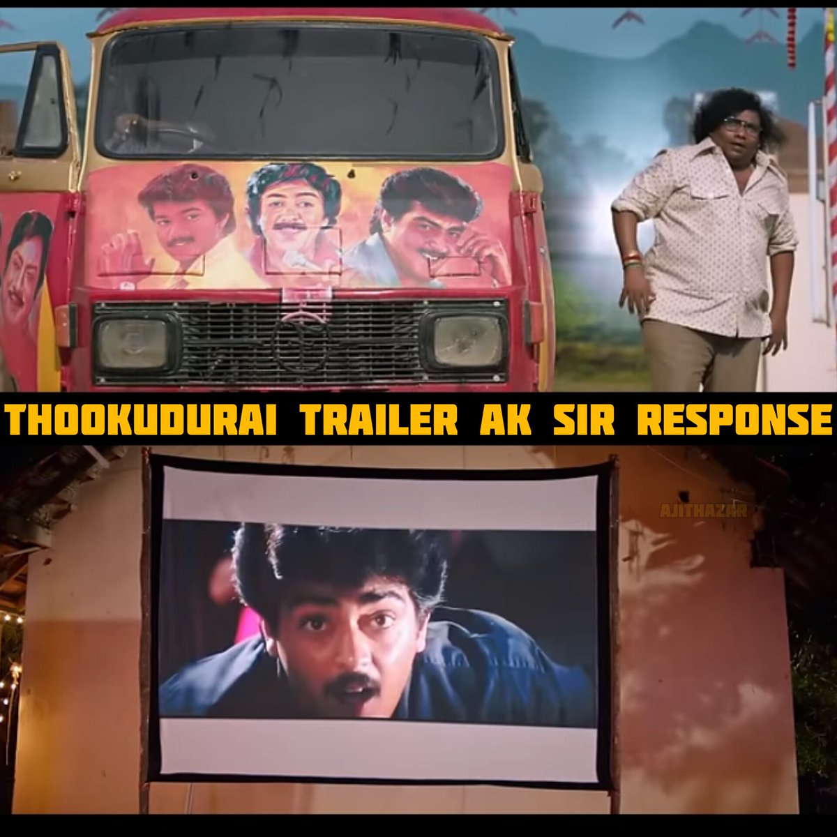 #AjithKumar sir reference in 'தூக்குதுரை'Trailer

 ▶️ youtu.be/qzD3X0UFiMc
  
Congratulations  team! @dennisfilmzone @opengatepicture @udhayramakrish2 @iYogiBabu @IamIneya #MottaRajendran @smahesh0603 @Bala_actor @Senrayanoffl @arvind_mvp @VinothKumarOffi  @murukku_meesaya