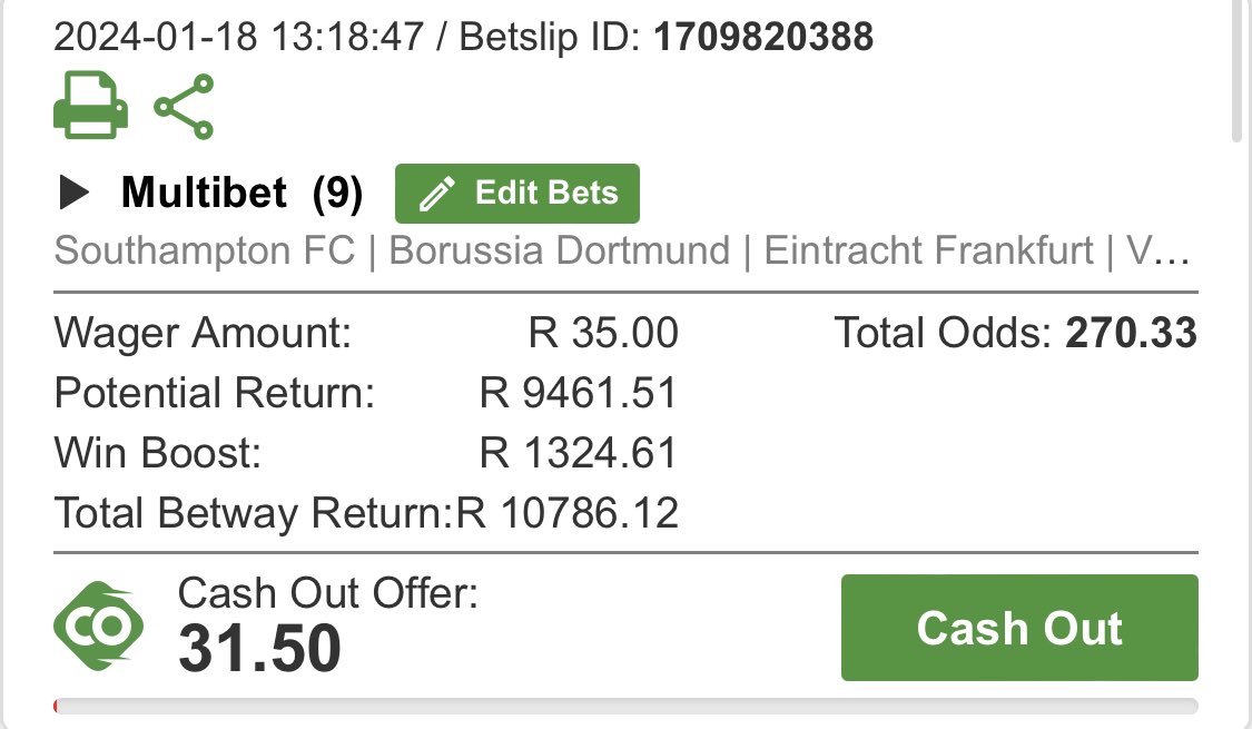 A train moving at 14:30pm on Saturday. We have 9 stations 🚉 ahead of us 💰. 

Straight wins

This will be the results 🟢🟢🟢🟢🟢🟢🟢🟢🟢 = R10k