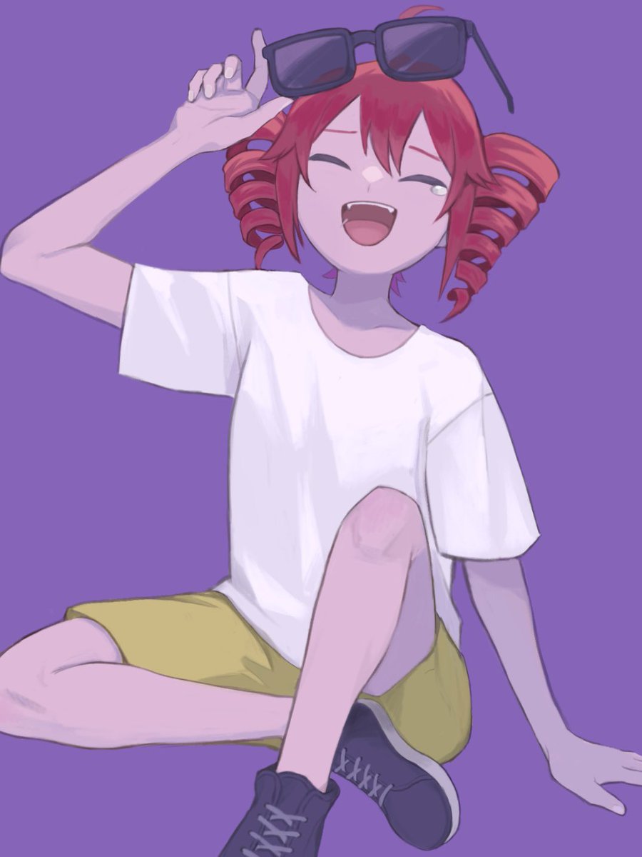 kasane teto 1girl shirt white shirt solo drill hair purple background shorts  illustration images