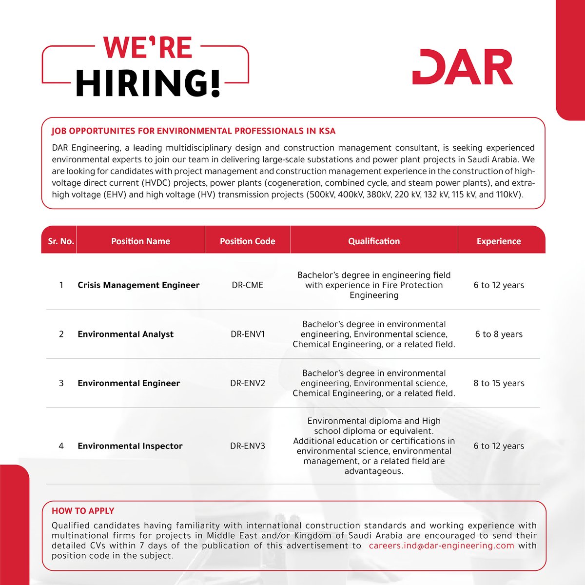 DarEngineering's tweet image. Seeking experienced environmental experts passionate about sustainability to join DAR Engineering in delivering large-scale substations and power plant projects in Saudi Arabia. Explore open positions now.

#JoinOurTeam #EnvironmentalExperts #SustainabilityJobs #darengineering