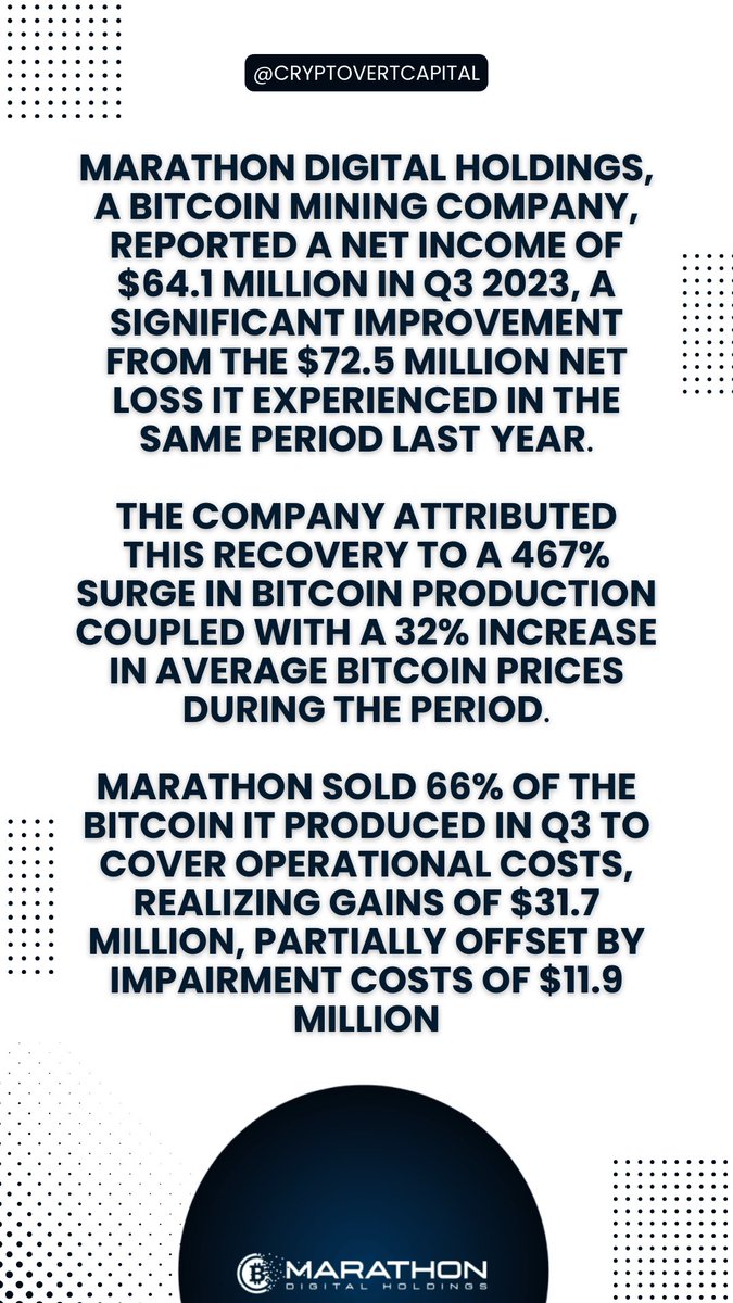 WeareCryptovert's tweet image. Marathon Digital’s Q3 revenues rise as Bitcoin mining production expands #MarathonDigitalHoldings #BitcoinMining #NetIncome #BitcoinProduction #BitcoinPrices