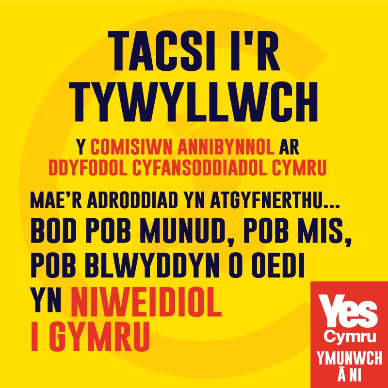 Fel mae pethe ar hyn o bryd, da ni ar y ffordd i NUNLLE! Mae'r status quo'n niweidiol i 🏴󠁧󠁢󠁷󠁬󠁳󠁿Gymru a'i phobl. 

Mae Adroddiad y Comisiwn wedi dod i'r casgliad bod #Annibyniaeth  yn hyfyw (yn bosib) ac yn dadlau  bod angen gwneud rhai newidiadau ar frys i ddiogelu’r hyn sydd wedi ei