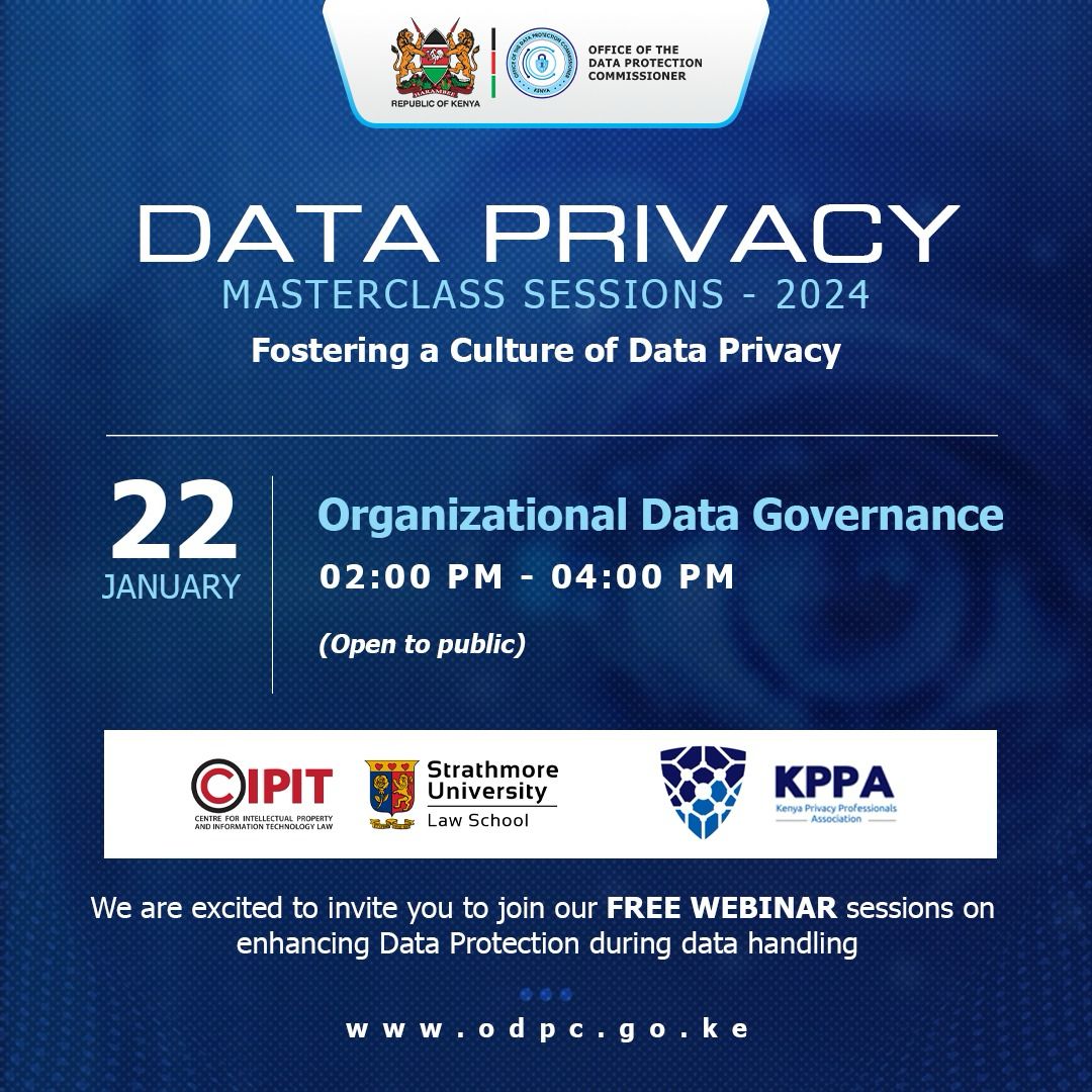 Are you a Data Handler yearning to know more about compliance with data protection regulations? DON'T MISS this FREE WEBINAR/TRAINING on Organizational Data Governance in partnership with @Ke_Privacy_Pros and @StrathU on Monday 22/01/2024. Register for the webinar via;…