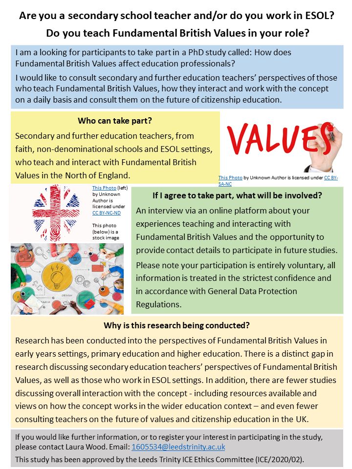 !Participants needed! 

If you are a secondary or further education professional, I would love to hear from you! Please contact me on the email below or DM me to get started.

#phdlife #research #britishvalues