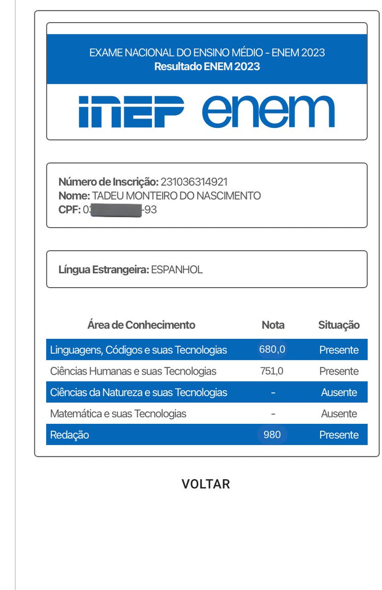 Nasc_tadeu's tweet photo. Infelizmente não fui fazer o segundo caderno, mas gostei muito do meu desempenho no caderno de Humanas 🫰🏻 https://t.co/DuiuwbFIRQ