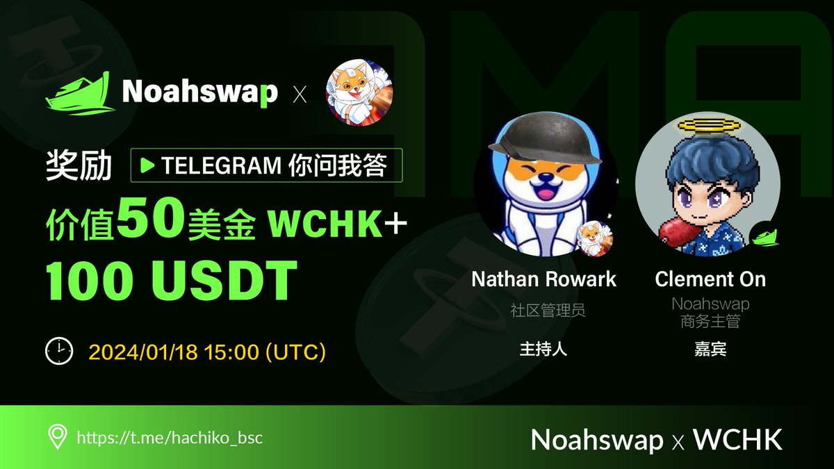 Noahswap X <a href="/HACHIKO_BSC/">Chikochain community network official</a> 社群你问我答！🎉🗣️🔥
📅2024/1/18 21:00 (UTC+8)

🚀 如何参与？
• 问答环节赠送50美元的$WCHK代币（5位获奖者）
• 成功铸造NUSD的用户瓜分100 $USDT（10位获奖者）

👉参加AMA：t.me/hachiko_bsc
👉铸造$WCHK: tinyurl.com/mw3974je