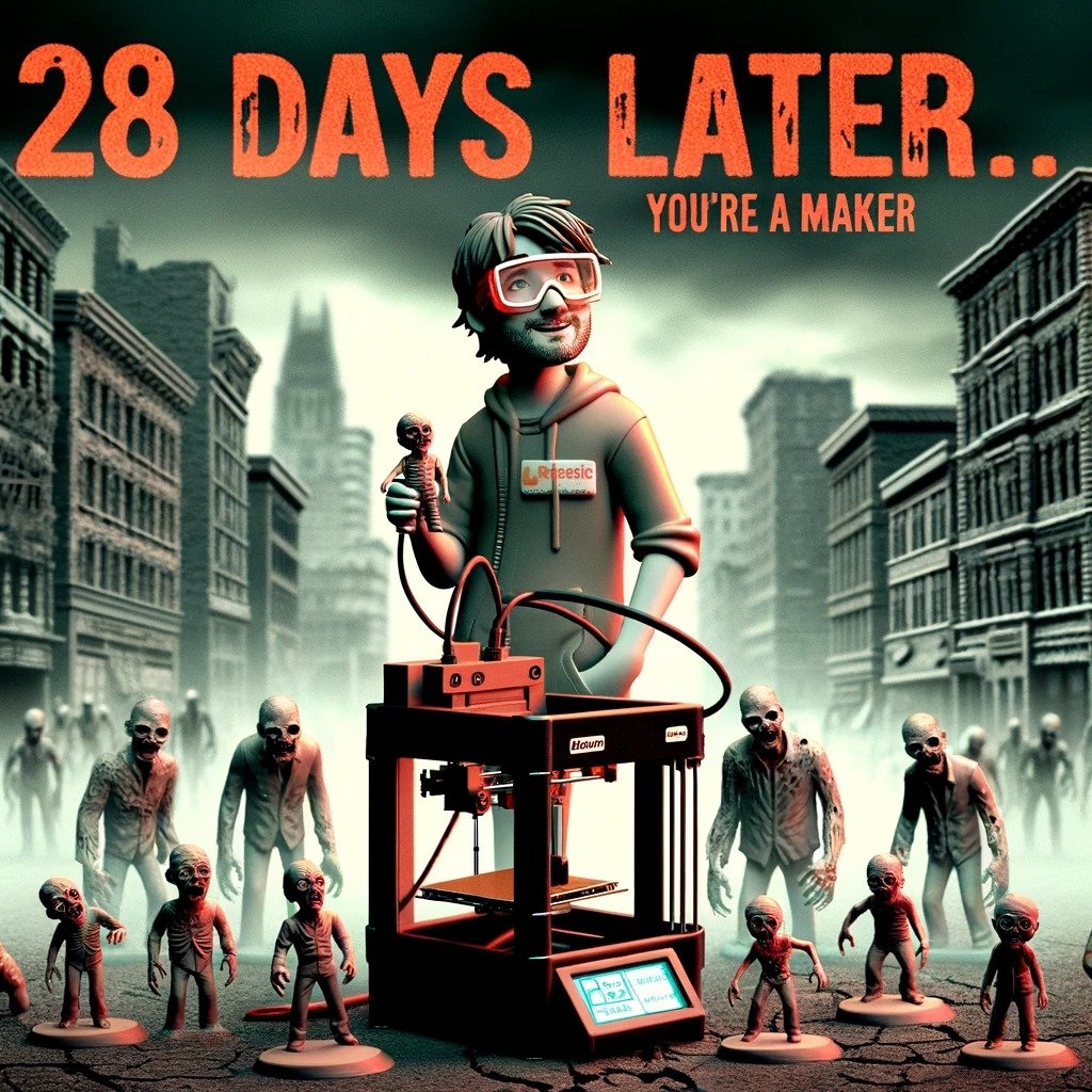 MWsatware's tweet photo. I just convinced a friend into Open Source 3D printing. He is baffled by the possibilities and coined the sentence: "28 days later you're a maker." Now look what #AI made of this!
Prompt to #Hotmods: Generate a meme based on the sentence: "28 days later you're a maker." It's related to the horror movie and combines it with the 3D Makerscene
Result: Nearly on point. What do you think?