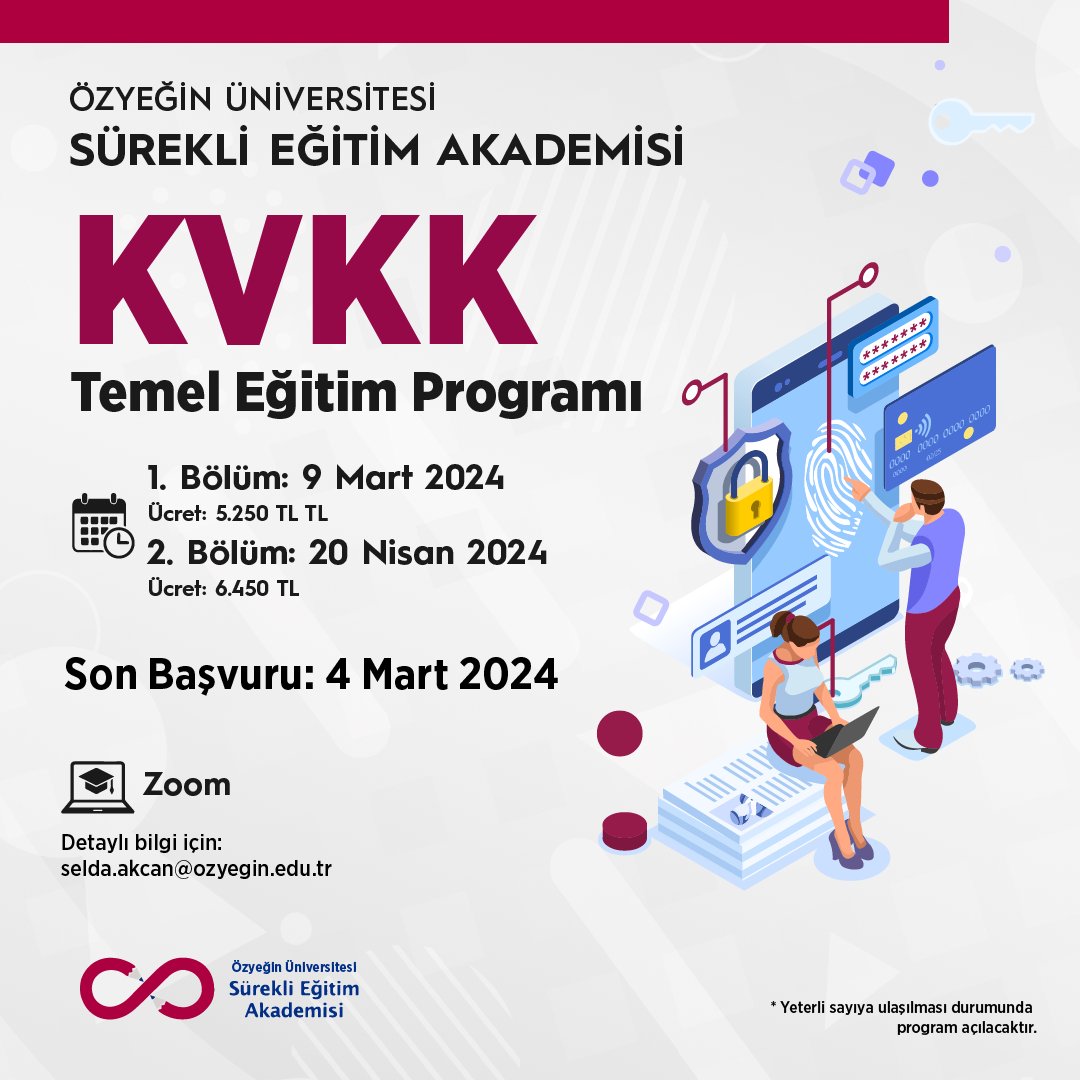 KVKK konusunda teorik ve pratik bilgi sahibi olmanın yanı sıra bu konuda yetkinliğe sahip olmak istiyorsanız sizleri 9 Mart tarihinde açılacak yeni sınıfımıza davet ediyoruz. 📢  
Son başvuru tarihi: 4 Mart 2024   
Program ve başvuru detayları ⬇️
sea.ozyegin.edu.tr/tr/kvkk-egitim…
#kvkk