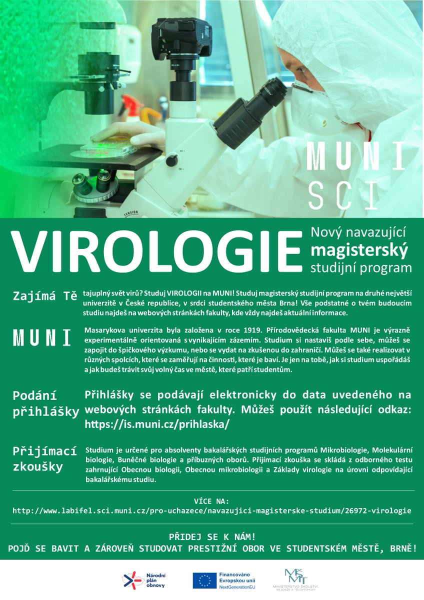 We are happy to announce a newly accredited Virology MSc. study program at the Faculty of Science, Masaryk University in Brno! 👨‍🎓🦠🔬📚 @MUNI_Science #virology #virus #studyvirology