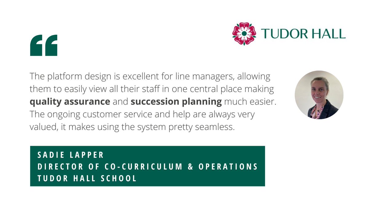SchooliP's tweet photo. Check out our latest quote from @Sadie50477883 at @TudorHallSchool where @SchooliP makes #qualityassurance and #successionplanning much simpler.

Find out what all the fuss is about with a brief online demonstration - https://t.co/Qaoe9zKuac https://t.co/LDBU1fZSpe