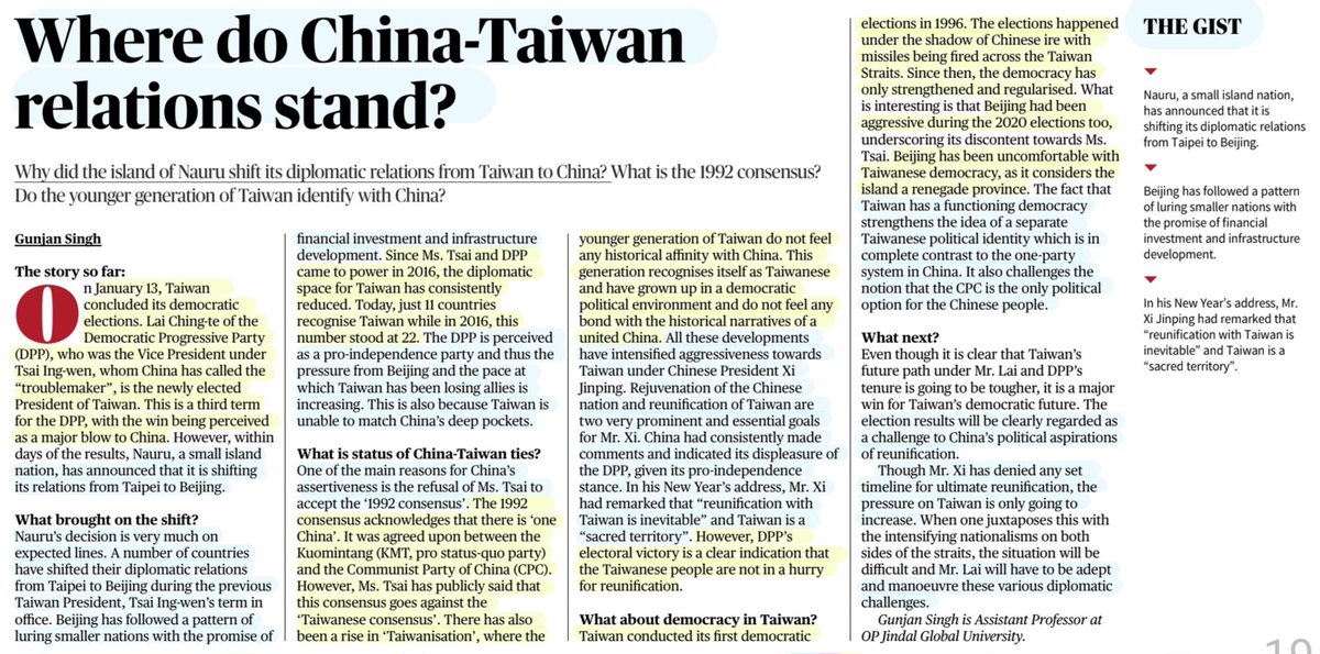 'Where do China-Taiwan relations stand?'
:Explained by Ms Gunjan Singh
@Gunjsingh01 

#TaiwanElections #DPP #LaiChingTe #Democracy #Independence 
#Taiwan #China #OneChina #Reunification #1992consensus 
#Taiwanese #Taiwanisation 
#Nauru #Recognition 
#Diplomacy 

#UPSC 

Source:TH