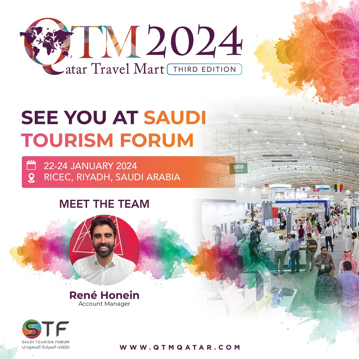 qtmQatar's tweet photo. Meet the QTM team, René Honein at Saudi Tourism Forum from 22-24 Jan 2024 in RICEC, Saudi Arabia, to forge connections and shape the future of travel & tourism. 🌎

For inquiries/appointments: 
📩: +974 5517 3522

 #QTM2024 #QTMQatar #Travel #Tourism #Doha #Qatar #SaudiTourismForum #KSA #SaudiArabia #Riyadh
