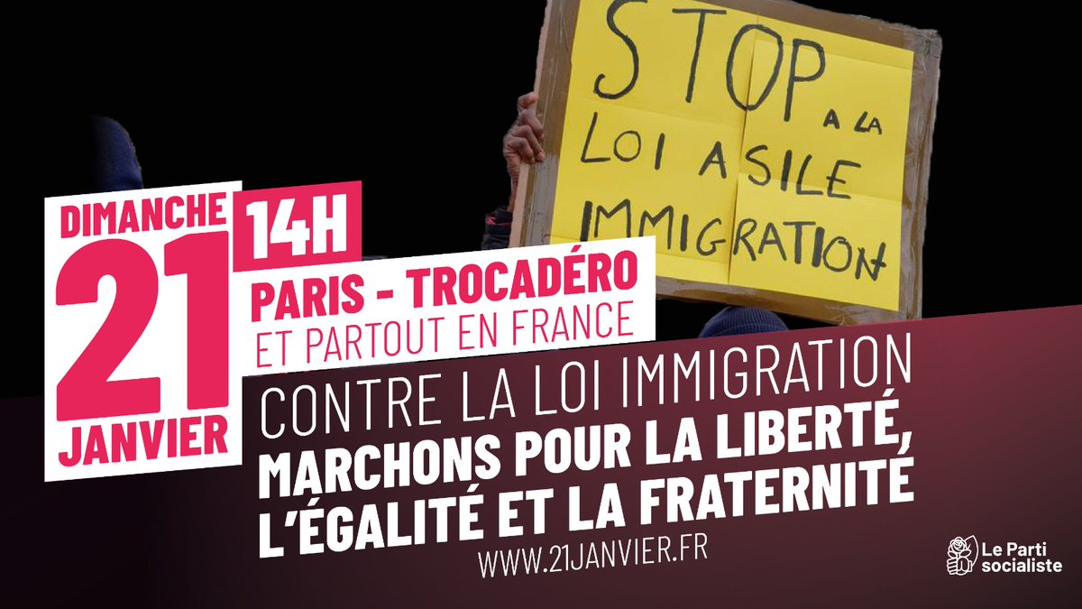 ✊ Contre la #LoiImmigration, le combat continue ! Retrouvons-nous dimanche à 14h place du Trocadéro à Paris et partout en France pour marcher pour la liberté, l'égalité et la fraternité. ➡️ Tous les lieux de rendez-vous à travers le pays : 21janvier.fr