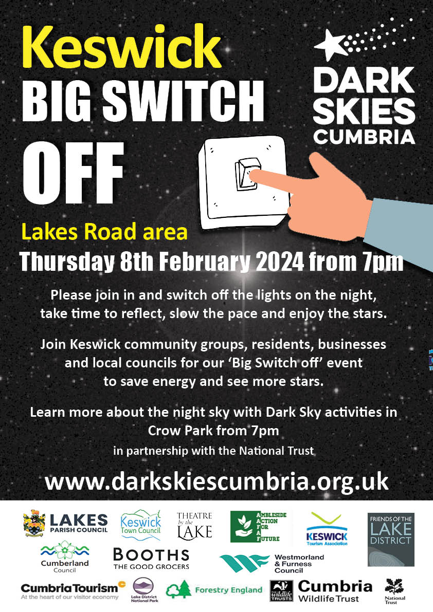 FriendsofLakes's tweet photo. Do you live in Keswick? Could you volunteer a few hours of your time to support our Keswick #BigSwitchOff Event? To distribute posters next week & helping at the event itself (8 Feb). Please email helen-h@fld.org.uk to find out more. #darkskies
@CumbriaCVS @Supergios https://t.co/dtlsZeRiio