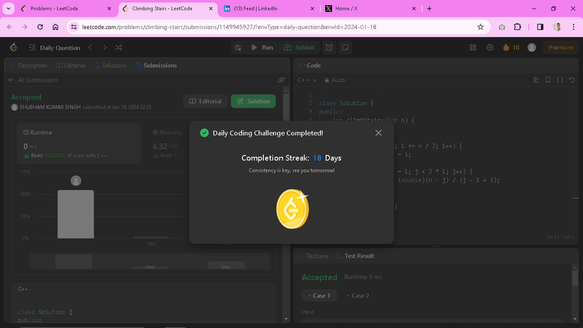 Solving daily problem (Day_18) on <a href="/LeetCode/">LeetCode</a> . Learning with fun and enjoying the tech journey.

Q.  Climbing Stairs.

#leetcodechallenge #problemsolving
#improvement #LeetCode #CodingChallenge
#NewSkills #DailyChallenges #LearnInPublic