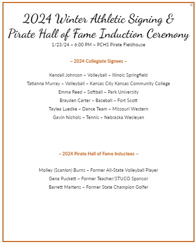 Please join us for our Winter Athletic Signing and Pirate Hall of Fame Induction Ceremony!

🗓️1/23
📍Pirate Fieldhouse
⌚️6:00 (Senior Signings followed by Pirate Hall of Fame Inductions)