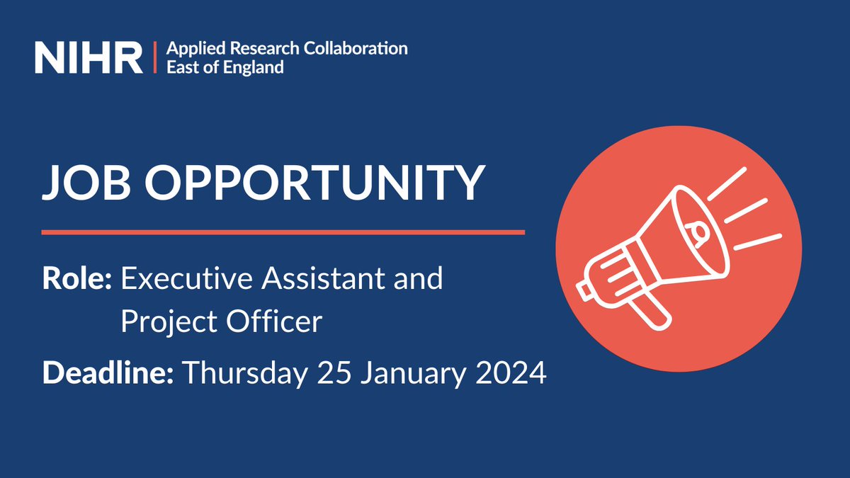 NIHR ARC East of England (@arc_eoe) on Twitter photo 📣Job opportunity!
@UH_HSK and <a href="/CRIPACC1/">CRIPACC UH</a> are looking for an Executive Assistant and Project Officer to provide administrative, project and executive support. This includes diary management and event planning.
⚠️Deadline: Thursday 25 January
Apply here➡️jobs.ac.uk/job/DFF888/exe… 📣Job opportunity!
@UH_HSK and <a href="/CRIPACC1/">CRIPACC UH</a> are looking for an Executive Assistant and Project Officer to provide administrative, project and executive support. This includes diary management and event planning.
⚠️Deadline: Thursday 25 January
Apply here➡️jobs.ac.uk/job/DFF888/exe…