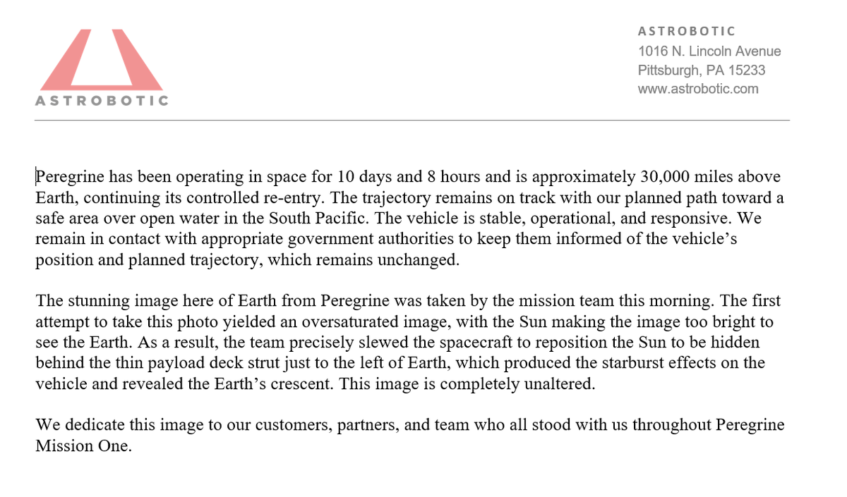 Update #21 for Peregrine Mission One