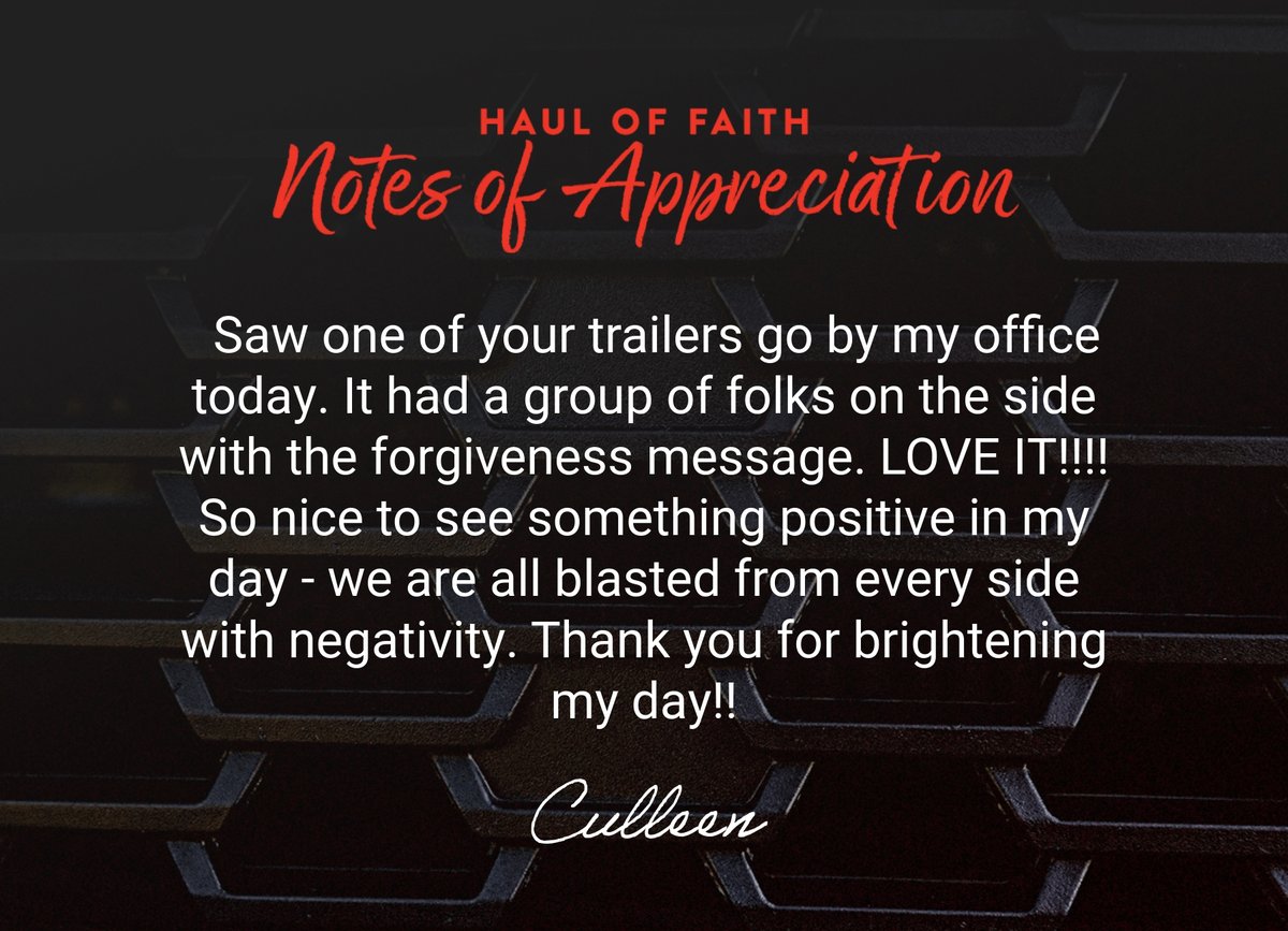 NussbaumTrans's tweet image. A note of appreciation from Culleen, about the "Forgiveness Brings Freedom" trailer. 

#HaulofFaith #TrailerGraphics